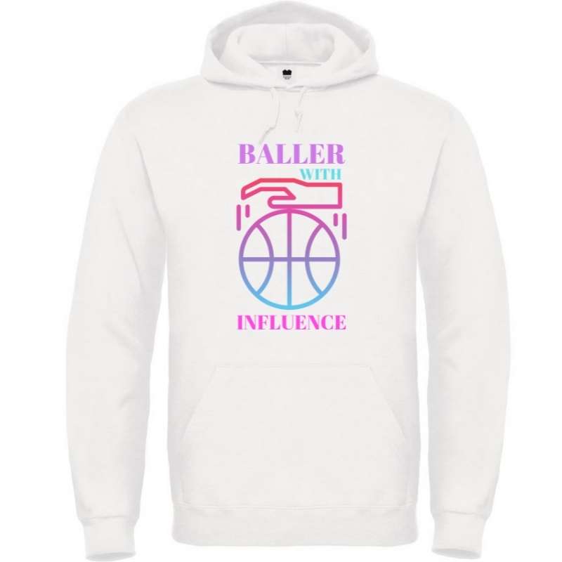Hoodie basketball Blanc Femme pour basketteuse avec visuel design Basket Ball Baller With Influence Lifestyle Sweatshirt pour Femmes basketteuses Taille XS S M L XL 2XL 3XL 4XL 5XL existe en bleu marine et en Noir