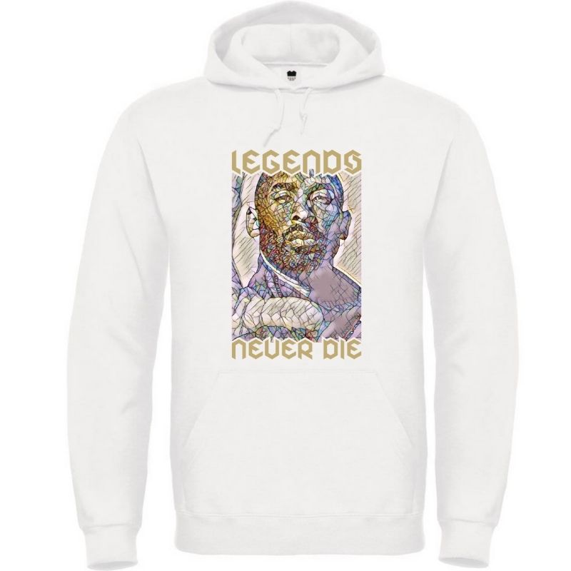 Hoodie basket ball blanc Homme visuel design Hommage à la Legende nba Kobe Bryant joueur des Lakers avec Phrase Legends Never Die Tee Shirt pour Hommes basketteurs Taille XS M L XL 2XL 3XL 4XL 5XL Existe aussi en Bleu Marine et en Noir