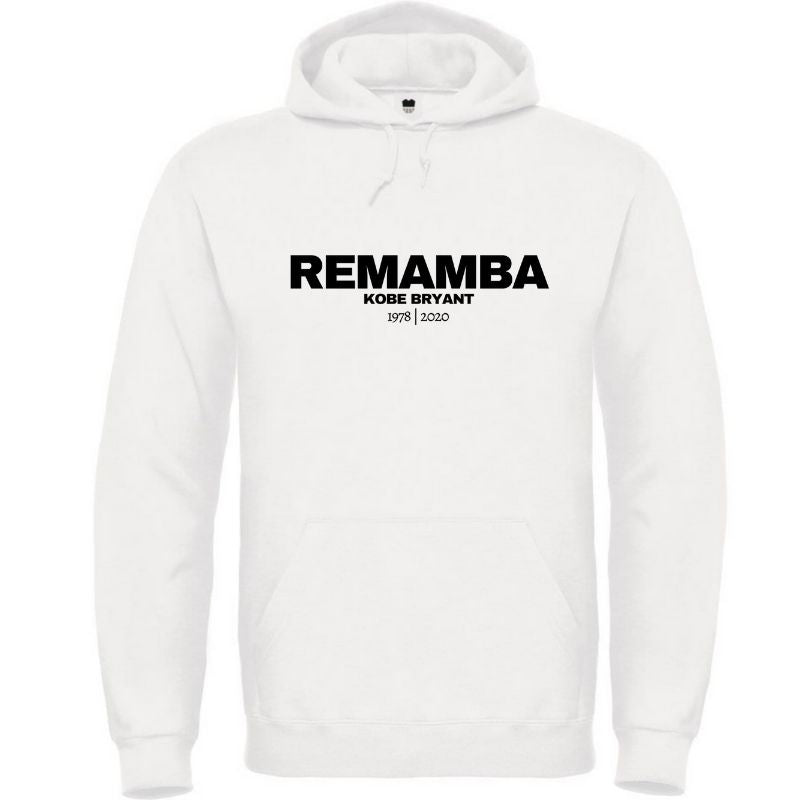 Hoodie basketball KOBE BRYANT Blanc Femme pour basketteuse avec visuel design Basket Ball REMAMBA Jeu de mots Remember et Black Mamba Lifestyle Sweatshirt Capuche pour Femmes basketteuses Taille XS S M L XL 2XL 3XL 4XL 5XL existe en blanc en bleu marine en Noir