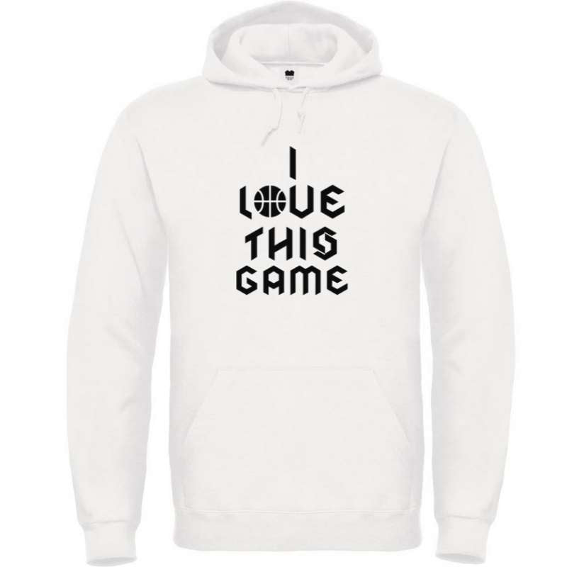 Hoodie basketball Blanc Femme pour basketteuse avec visuel design Basket Ball et la célèbre phrase I Love This Game en Ecriture Gothique Lifestyle Sweatshirt pour Femmes basketteuses Taille XS S M L XL 2XL 3XL 4XL 5XL existe en bleu marine et en Noir