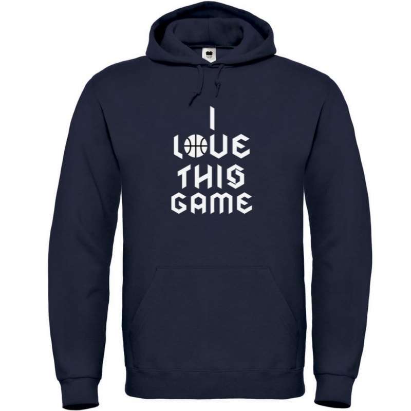 Hoodie basketball Bleu Marine Femme pour basketteuse avec visuel design Basket Ball et la célèbre phrase I Love This Game en Ecriture Gothique Lifestyle Sweatshirt pour Femmes basketteuses Taille XS S M L XL 2XL 3XL 4XL 5XL existe en blanc et en Noir