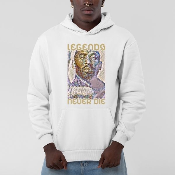Sweat Shirt basketball Blanc modèle mannequin Homme visuel design Hommage Kobe Bryant écrit Phrase culte Legends Never Die Hoodies Hommes basketteurs Taille XS M L XL 2XL 3XL 4XL 5XL Existe aussi en Bleu Marine et en Noir