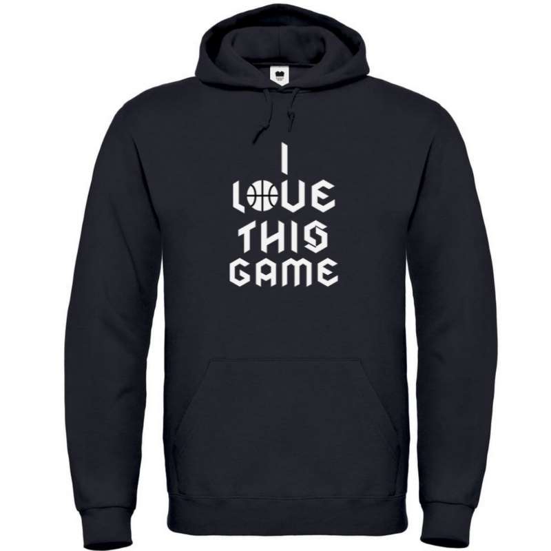 Hoodie basketball Noir Homme pour basketteur avec visuel design Basket Ball et la célèbre phrase I Love This Game en Ecriture Gothique Lifestyle Sweatshirt pour Hommes basketteurs Taille XS S M L XL 2XL 3XL 4XL 5XL existe en blanc et en bleu marine