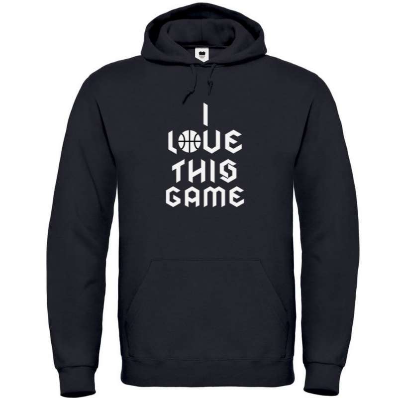 Hoodie basketball Noir Homme pour basketteur avec visuel design Basket Ball et la célèbre phrase I Love This Game en Ecriture Gothique Lifestyle Sweatshirt pour Hommes basketteurs Taille XS S M L XL 2XL 3XL 4XL 5XL existe en blanc  et en bleu marine 