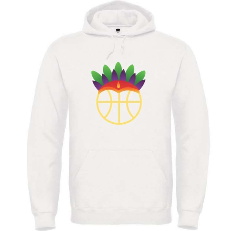 Hoodie basketball Blanc pour Femme basketteuse avec visuel Amazon coiffe de tribu sur un ballon de Basket Ball Hoodies et Sweat Shirt Capuche pour basketteuses Taille XS S M L XL 2XL 3XL 4XL 5XL Existe aussi en Bleu Marine et en Noir