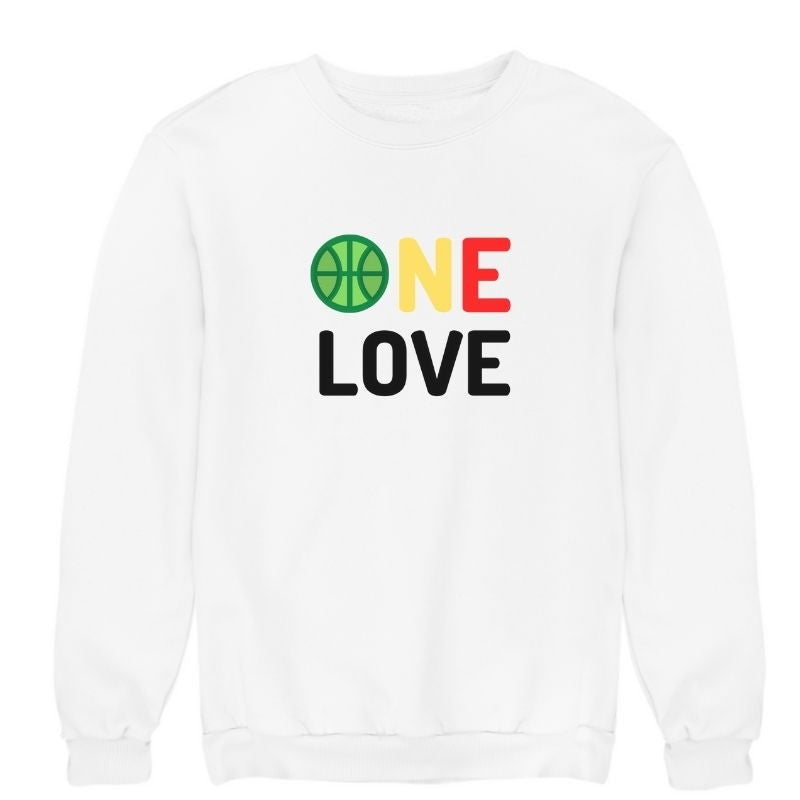 Sweat à col rond basketball Blanc Femme pour basketteuse aux couleurs phares de l'Afrique fan avec visuel design Basket Ball ONE LOVE Vert Jaune Rouge Clin d'oeil ligue africaine et Phrase Culte de Bob Marley le Chanteur de Reggae Lifestyle Sweatshirt pour Femmes basketteuses Taille XS S M L XL 2XL 3XL 4XL 5XL existe en bleu marine et en Noir