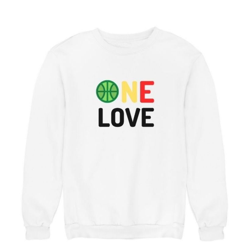 Sweat à col rond basketball Blanc Enfant pour basketteur et basketteuse aux couleurs phares de l'Afrique fan avec visuel design Basket Ball ONE LOVE Vert Jaune Rouge Clin d'oeil ligue africaine et Phrase Culte de Bob Marley le Chanteur de Reggae Lifestyle Sweatshirt pour Enfants basketteurs et basketteuses Filles et Garçons Taille 3/4 ANS, 5/6 ANS, 7/8 ANS, 9/11 ANS, 12/14 ANS existe en bleu marine et en Noir