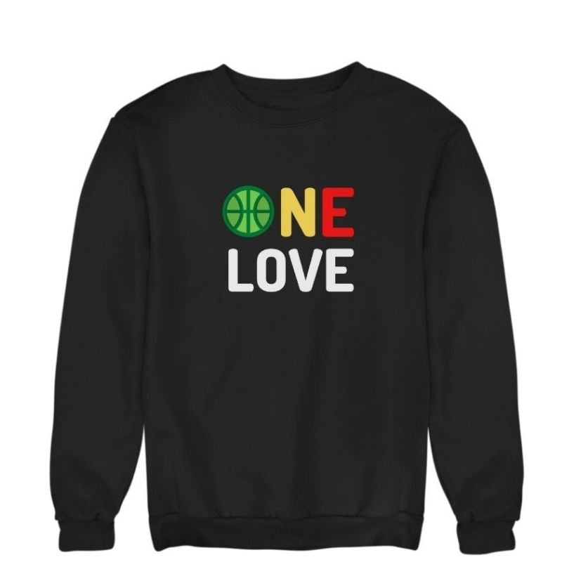 Sweat à col rond basketball Noir Enfant pour basketteur et basketteuse aux couleurs phares de l'Afrique fan avec visuel design Basket Ball ONE LOVE Vert Jaune Rouge Clin d'oeil ligue africaine et Phrase Culte de Bob Marley le Chanteur de Reggae Lifestyle Sweatshirt pour Enfants basketteurs et basketteuses Filles et Garçons Taille 3/4 ANS, 5/6 ANS, 7/8 ANS, 9/11 ANS, 12/14 ANS existe en blanc et en bleu marine