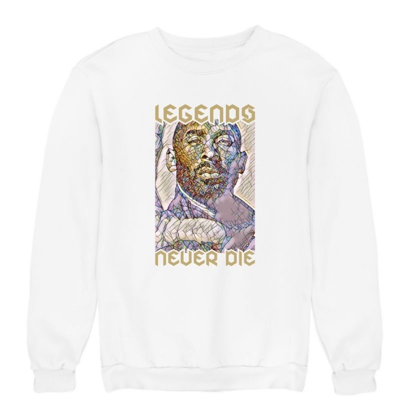 Sweat à col rond basket ball Blanc Femme visuel design Hommage à la Legende nba Kobe Bryant joueur des Los Angeles Lakers avec Phrase Legends Never Die Sweat Shirt pour Femmes basketteuses Taille XS S M L XL 2XL 3XL 4XL 5XL Existe aussi en Bleu Marine et en Noir