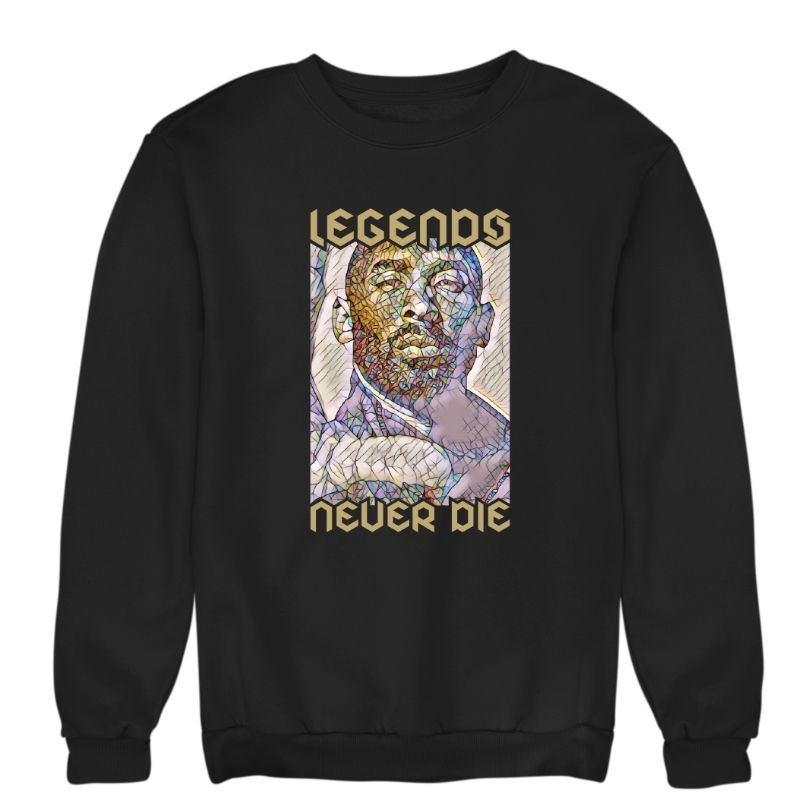 Sweat basket ball noir Homme visuel design Hommage à la Legende nba Kobe Bryant joueur des Lakers avec Phrase Legends Never Die Sweat Shirt pour Hommes basketteurs Taille XS S M L XL 2XL 3XL 4XL 5XL Existe aussi en Bleu Marine et en Blanc