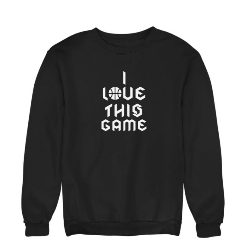 Sweat à col rond basketball Noir Enfant pour basketteur et basketteuse avec visuel design Basket Ball et la célèbre phrase I Love This Game en Ecriture Gothique Lifestyle Sweatshirt pour Enfants basketteurs et basketteuses Filles et Garçons Taille 3/4 ANS, 5/6 ANS, 7/8 ANS, 9/11 ANS, 12/14 ANS existe en blanc et en bleu marine