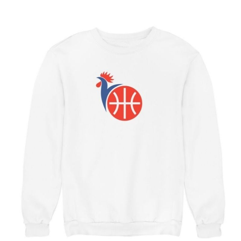 Sweat-shirt basket ball Blanc couleurs drapeau de l'équipe de France design du Coq francais pour Enfant visuel Sweat à col rond Patriotes Pull Enfants basketteurs et basketteuses Filles et Garçons Taille 3/4 ANS, 5/6 ANS, 7/8 ANS, 9/11 ANS, 12/14 ANS aussi en couleurs en Noir et en Bleu Marine