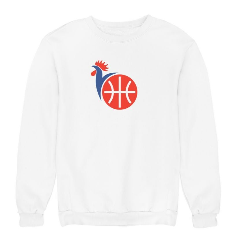 Sweat-shirt basket ball Blanc couleurs drapeau de l'équipe de France design Coq modele bleu marine pour Homme visuel Sweat Col Rond Patriotes Hommes basketteurs Taille XS S M L XL 2XL 3XL 4XL 5XL Existe aussi en Noir et en Bleu Marine