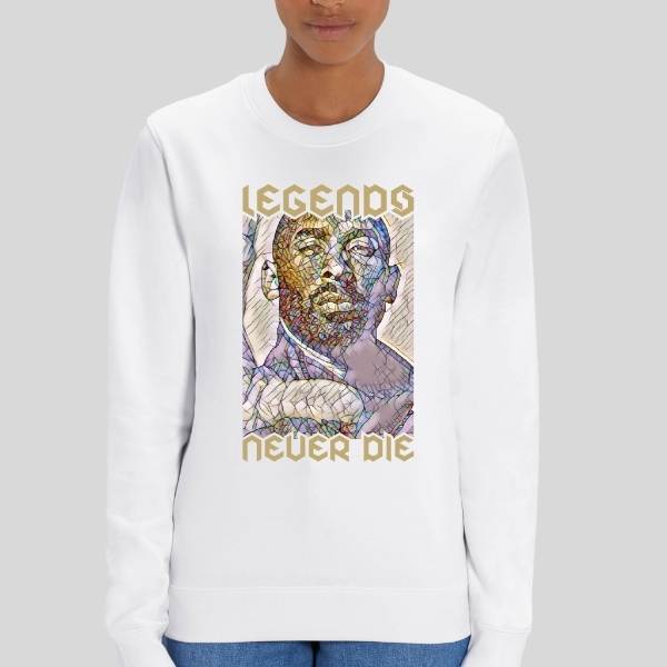 Sweat Shirt basketball Blanc modèle mannequin Femme visuel design Hommage Kobe Bryant écrit Phrase culte Legends Never Die Sweat à col ronds Femmes basketteuses Taille XS S M L XL 2XL 3XL 4XL 5XL Existe aussi en Bleu Marine et en Noir