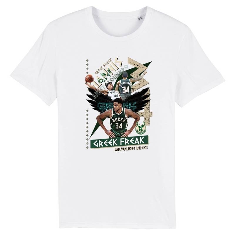 T-shirt NBA Giannis Antetokounmpo basketball Blanc Homme pour basketteur avec visuel design Photo du joueur TeeShirt Basket Ball pour Hommes basketteurs Taille XS M L XL 2XL 3XL 4XL 5XL existe aussi en noir et bleu marine