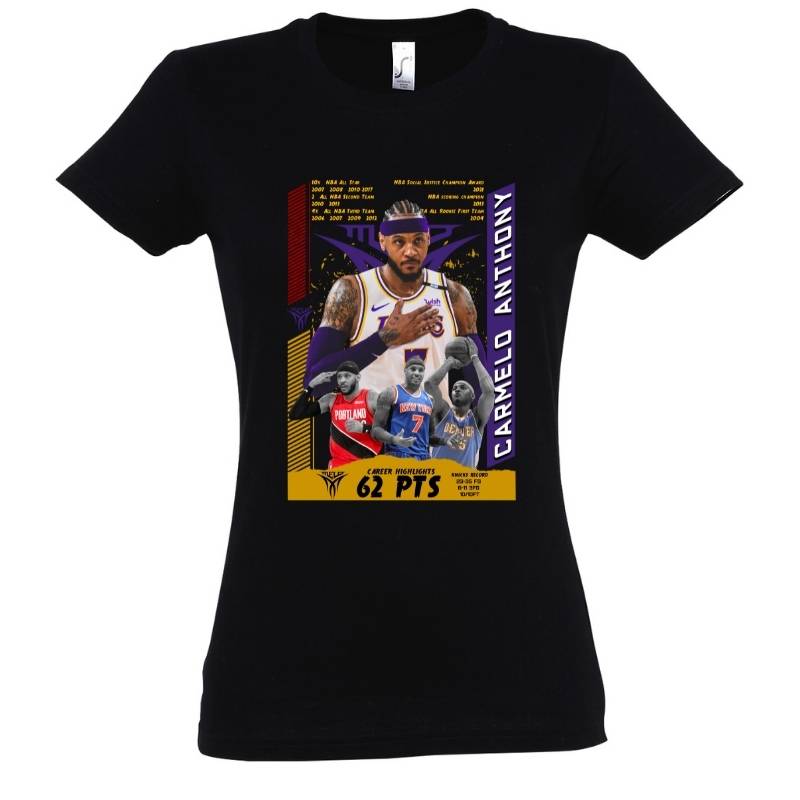 T-shirt basketball NBA Carmelo Anthony Noir Femme pour basketteuse avec visuel design montage Photos du joueur TeeShirt Basket Ball pour Femmes basketteuses Taille S M L XL 2XL 3XL existe aussi en blanc et bleu marine