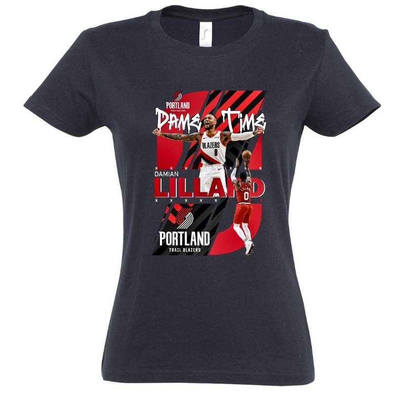 T-shirt Damian Lillard basketball NBA "Dame Time" Bleu Marine Femme pour basketteuse avec visuel design montage Photos du joueur des Trail Blazers de Portland TeeShirt Basket Ball pour Femmes basketteuses Taille S M L XL 2XL 3XL existe aussi en noir