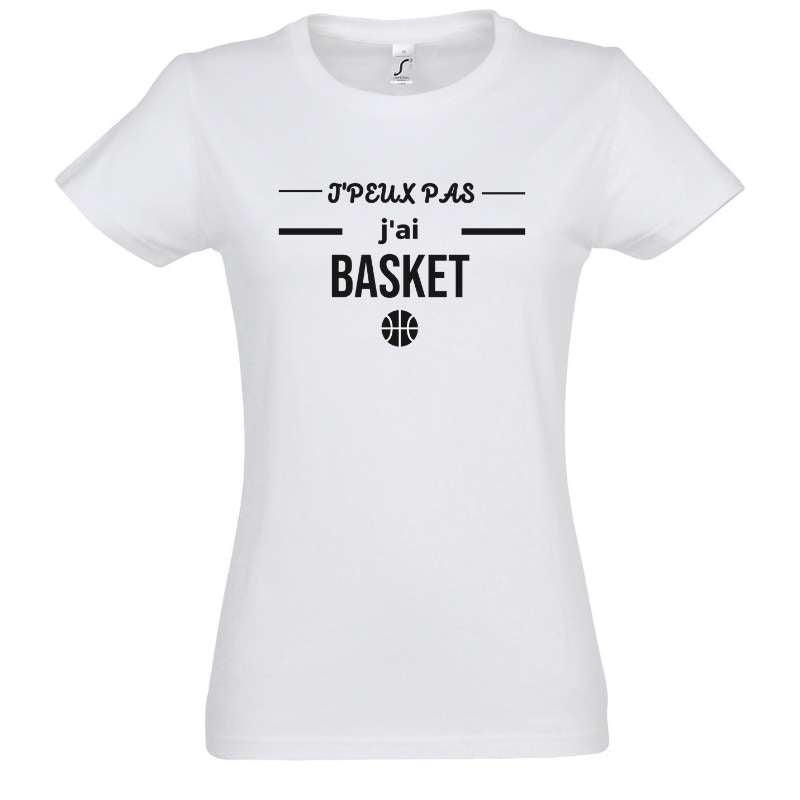 Tshirt basketball Blanc femme pour basketteuse avec visuel design J'peux pas j'ai basket humour TeeShirt humouristique Femmes basketteuses Taille S M L XL 2XL 3XL noir bleu marine