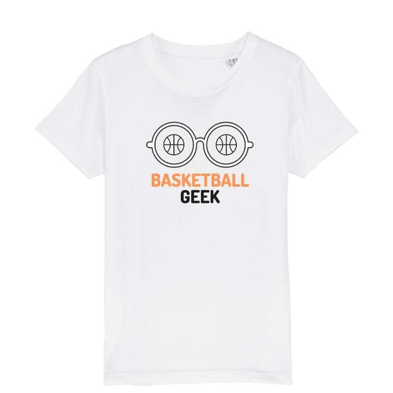 Tshirt basket ball Enfant Blanc pour basketteur basketteuse avec visuel design Lunettes BasketBall Geek TeeShirt Enfants basketteur basketteuses Taille 2 ANS 4 ans 6 ans 8 ans 10 ans 12 ans existe aussi en Bleu Marine et Noir