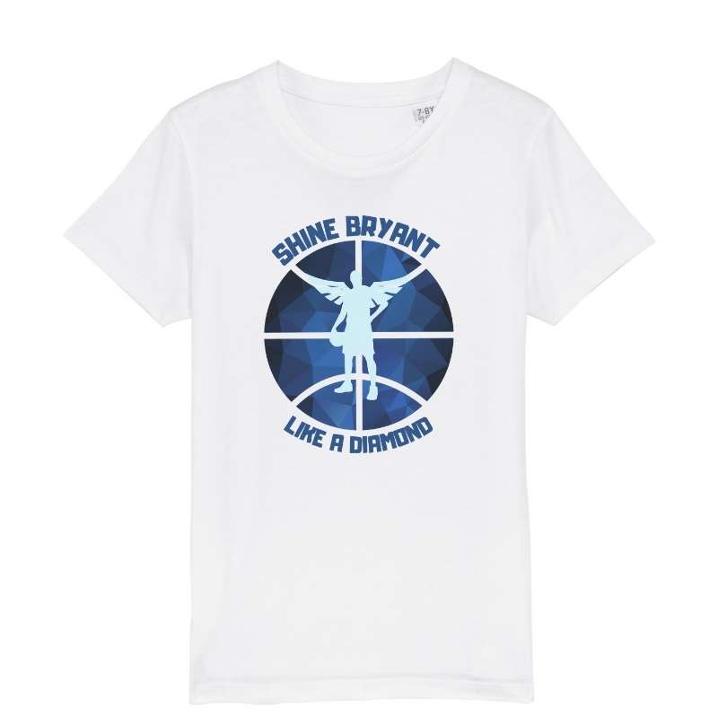 Teeshirt basket ball Blanc pour Enfant fille Basketteuse avec visuel design en Hommage a Kobe avec écrit Phrase Shine Bryant Like A Diamond Tee Shirt enfants basketteurs Taille 2 ANS 4 ans 6 ans 8 ans 10 ans 12 ans existe en Bleu et en Noir