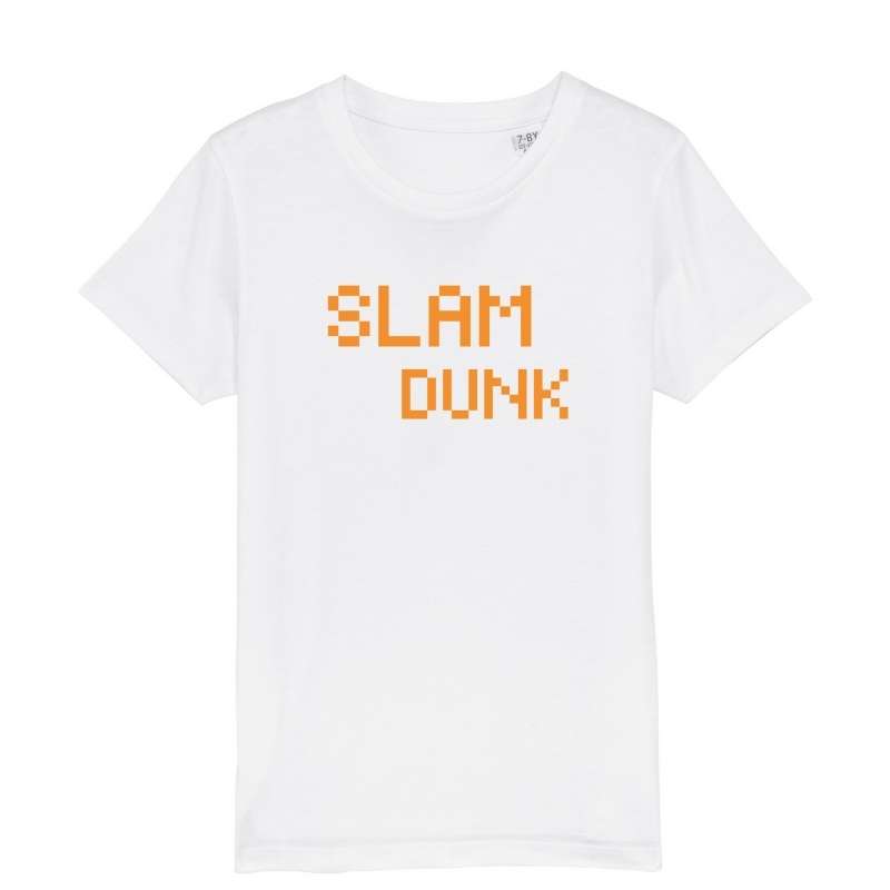 Tshirt basket ball Geek Filles Enfant Blanc pour basketteuse gamer avec visuel design pixels slam dunk orange jeu video orange TeeShirt BasketBall Enfants basketteur basketteuses Taille 2 ANS 4 ans 6 ans 8 ans 10 ans 12 ans aussi en Bleu ou Noir