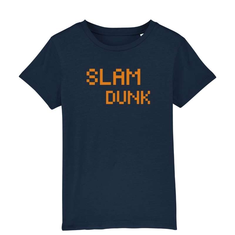 Tshirt basket ball Geek Enfant Bleu marine pour basketteur basketteuse gamer avec visuel design pixels slam dunk jeu video orange TeeShirt BasketBall Enfants basketteur basketteuses Taille 2 ANS 4 ans 6 ans 8 ans 10 ans 12 ans aussi en Blanc ou Noir