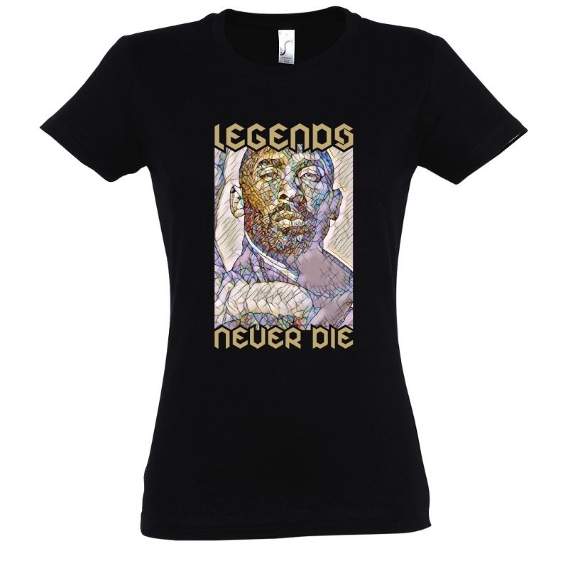 Tee-shirt basket ball noir Marine femme visuel design Hommage à la Legende nba Kobe Bryant joueur des Lakers avec Phrase Legends Never Die Tee Shirt pour Femmes basketteuses Tailles XS S M L XL 2XL 3XL 4XL 5XL Blanc Bleu Marine