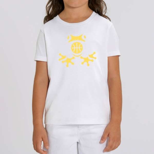 Teeshirt Basket-Ball blanc visuel design Amazon symbole grenouille sauvage et un ballon de Basket Ball porté par mannequin Garçons Filles TeeShirts Enfants basketteur basketteuses modèles Noir Bleu marine Blanc Taille 2 ANS 4 ans 6 ans 8 ans 10 ans 12 ans