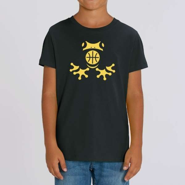 Teeshirt BasketBall noir visuel design Amazon symbole grenouille sauvage et un ballon de Basket Ball porté par mannequin Garçons Filles TeeShirts Enfants basketteur basketteuses modèles Noir Bleu marine Blanc Taille 2 ANS 4 ans 6 ans 8 ans 10 ans 12 ans