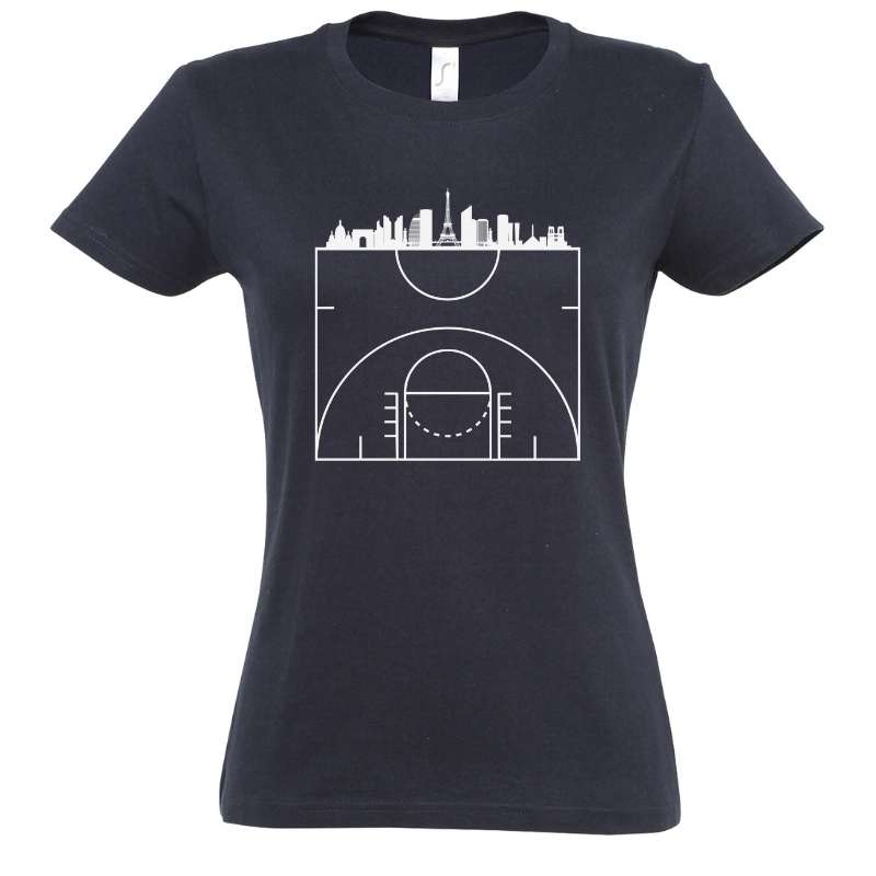 Tee-shirt de basket ball Femme bleu marine design visuel Court Map carte de Paris terrain de bball sous la capitale francaise TShirts pour Femmes basketteuses Taille S M L XL 2XL 3XL existe aussi en couleurs Blanc Noir