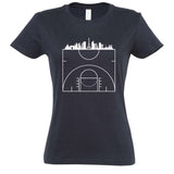 Tee-shirt de basket ball Femme bleu marine design visuel Court Map carte de Paris terrain de bball sous la capitale francaise TShirts pour Femmes basketteuses Taille S M L XL 2XL 3XL existe aussi en couleurs Blanc Noir