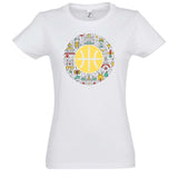 Tee-shirt basket ball blanc Femme visuel avec design ballon entouré d'illustrations artistiques pictogrammes de la capitale française Paris T-shirts Basketball pour Femmes basketteuses Taille S M L XL 2XL 3XL 