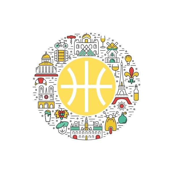 Visuel design sur fond blanc avec design ballon de basket ball entouré d'illustrations artistiques pictogrammes de la capitale de France Paris pour Tshirt basketball avec  femmes Tee Shirt Femme basketteuse