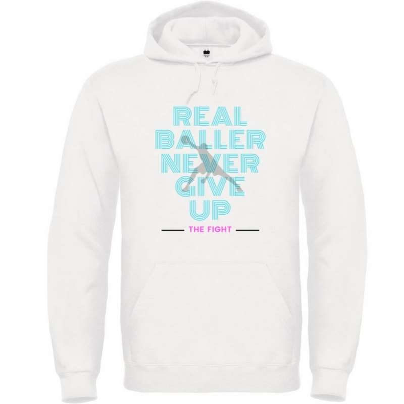 Hoodie basketball Blanc Homme pour basketteur avec visuel design Basket Ball Real Baller Never Give Up Lifestyle Sweatshirt pour Hommes basketteurs Taille XS S M L XL 2XL 3XL 4XL 5XL existe en bleu marine et en Noir