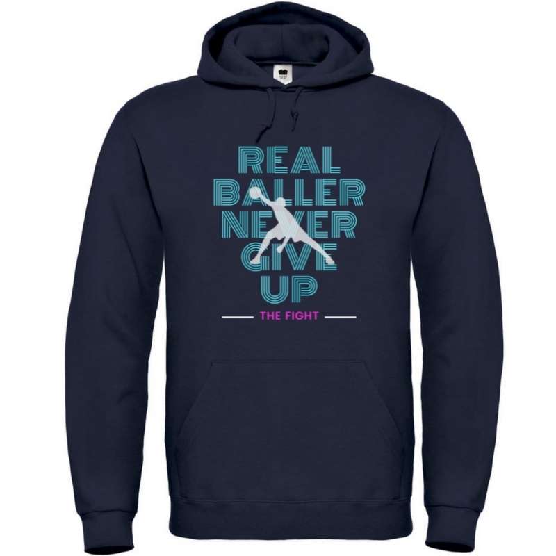 Hoodie basketball Bleu Marine Femme pour basketteuse avec visuel design Basket Ball Real Baller Never Give Up Lifestyle Sweatshirt pour Femmes basketteuses Taille XS S M L XL 2XL 3XL 4XL 5XL existe en blanc et en Noir