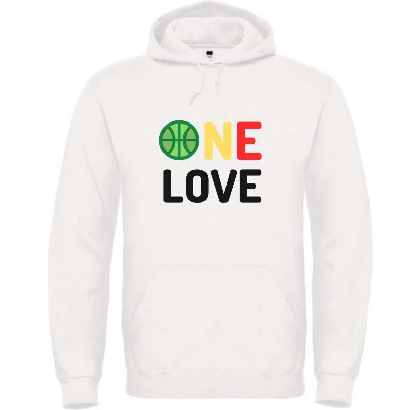 Hoodie basketball blanc Femme pour basketteuse aux couleurs phares de l'Afrique fan avec visuel design Basket Ball ONE LOVE Vert Jaune Rouge Clin d'oeil ligue africaine et Phrase Culte de Bob Marley le Chanteur de Reggae Lifestyle Sweatshirt pour Femmes basketteuses Taille XS S M L XL 2XL 3XL 4XL 5XL existe en bleu marine et en Noir