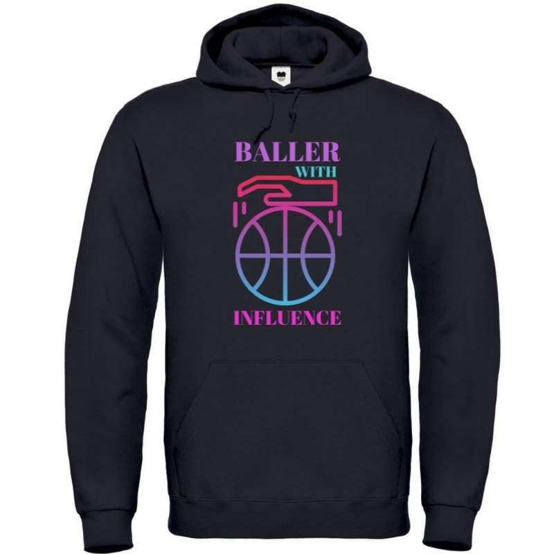 Hoodie basketball Noir Femme pour basketteuse avec visuel design Basket Ball Baller With Influence Lifestyle Sweatshirt pour Femmes basketteuses Taille XS S M L XL 2XL 3XL 4XL 5XL existe en bleu marine et en Blanc