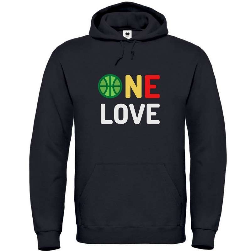 Hoodie basketball Noir Homme pour basketteur aux couleurs phares de l'Afrique fan avec visuel design Basket Ball ONE LOVE Vert Jaune Rouge Clin d'oeil ligue africaine et Phrase Culte de Bob Marley le Chanteur de Reggae Lifestyle Sweatshirt pour Hommes basketteurs Taille XS S M L XL 2XL 3XL 4XL 5XL existe en blanc et en bleu marine