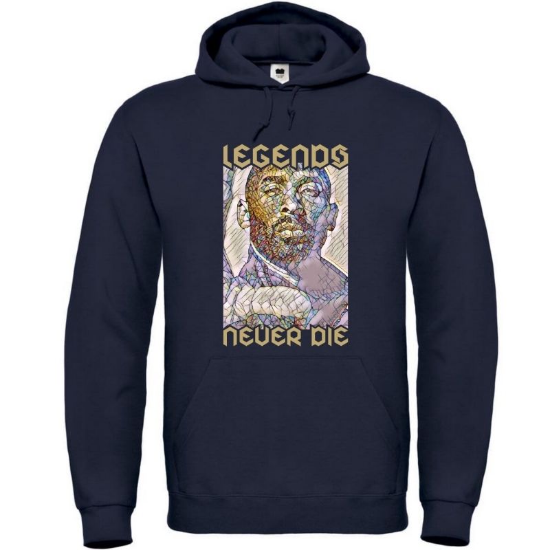 Hoodie basket ball bleu marine Homme visuel design Hommage à la Legende nba Kobe Bryant joueur des Lakers avec Phrase Legends Never Die Tee Shirt pour Hommes basketteurs Taille XS M L XL 2XL 3XL 4XL 5XL Existe aussi en Noir et en Blanc