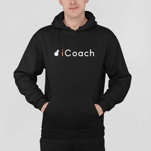 Sweat capuche Basketball coachs modele noir avec illustration et écrit I COACH Parodie Apple Logo IPhone humour basket ball coach sur mannequin Garçon Sweat Shirt Homme basketteur Tailles XS S M L XL 2XL 3XL 4XL 5XL existe en blanc et bleu marine