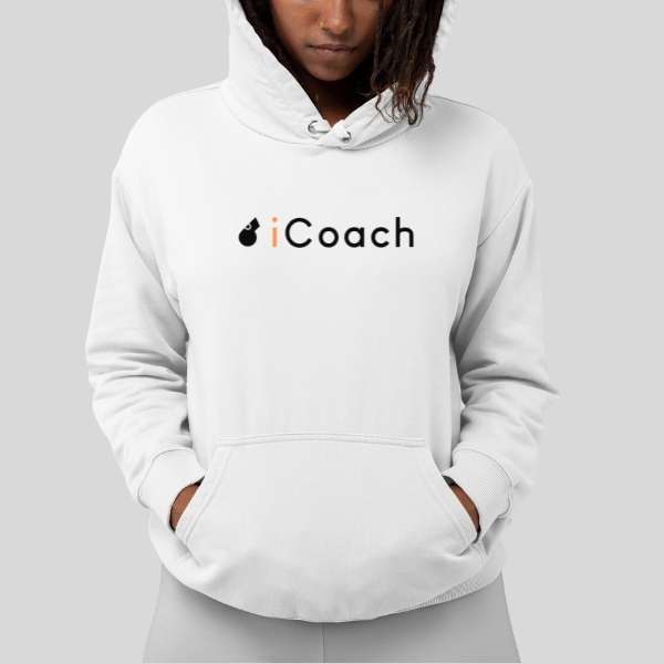 Hoodie Blanc Sweat à capuche Basketball coachs  avec illustration et écrit I COACH PARODIE LOGO APPLE I PHONE humour basket ball coach sur mannequin Fille Sweat Shirt Femme basketteuse Tailles XS S M L XL 2XL 3XL 4XL 5XL existe en noir et bleu marine