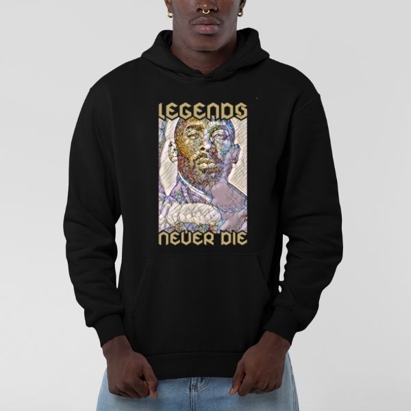 Sweat Shirt basketball noir modele mannequin Homme visuel design Hommage Kobe Bryant écrit Phrase culte Legends Never Die Hoodies Hommes basketteurs Taille XS M L XL 2XL 3XL 4XL 5XL Existe aussi en Bleu Marine et en Blanc