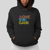 Hoodie basket Vintage Noir avec illustration lettrage I Love This Game Style Retro sur mannequin Fille Sweat Shirt Femme basketteuse Tailles XS S M L XL 2XL 3XL 4XL 5XL existe aussi en blanc et en Noir