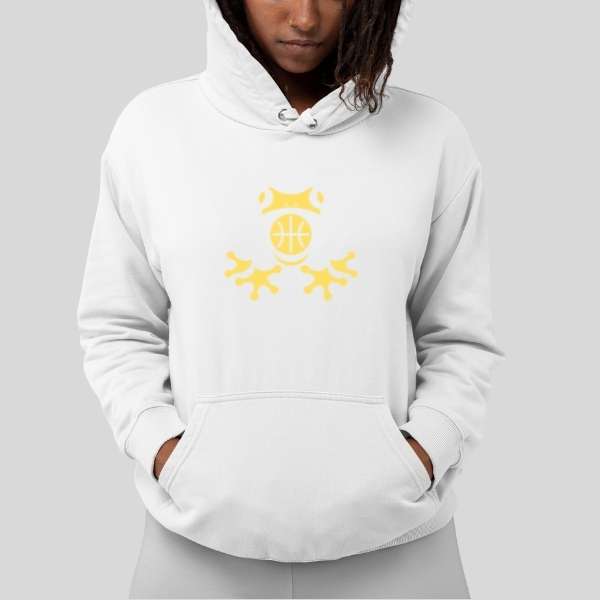 Sweatshirt à Capuche BasketBall Blanc visuel design Amazon symbole grenouille sauvage et un ballon de Basket Ball Hoodie porté par mannequin Fille Hoodies Femmes basketteuses Tailles XS S M L XL 2XL 3XL 4XL 5XL aussi en modèles Noir et en Bleu marine