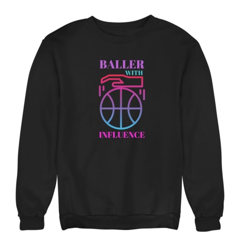 Sweat à col rond basketball Noir Femme pour basketteuse avec visuel design Basket Ball Baller With Influence Lifestyle Sweatshirt pour Femmes basketteuses Taille XS S M L XL 2XL 3XL 4XL 5XL existe en bleu marine et en blanc