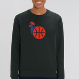 Sweat Noir à col rond basket France équipe nationale basketball design Coq bleu blanc rouge porté par mannequin fille avec visuel Sweat à col ronds Patriote Pull Femme basketteuse Tailles XS S M L XL 2XL 3XL 4XL 5XL Existe aussi en Blanc et en Bleu Marine