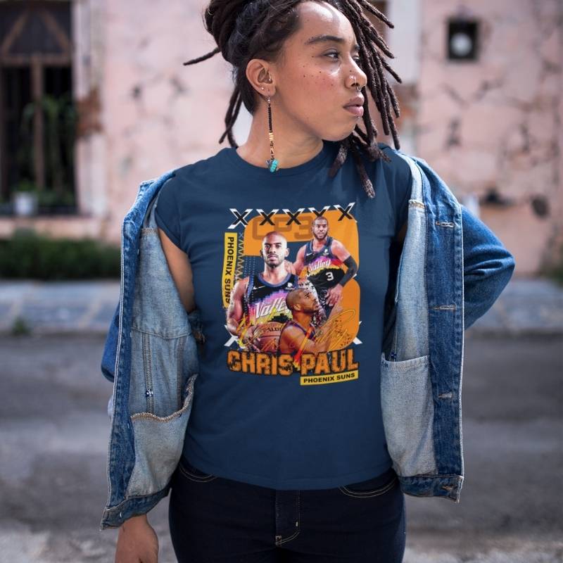 T-shirt Basket NBA Chris Paul Femme modele bleu marine avec illustration Photo du joueur de Basketball sur mannequin Garçon Tshirt Pour Femmes basketteuses Tailles S M L XL 2XL 3XL aussi en noir