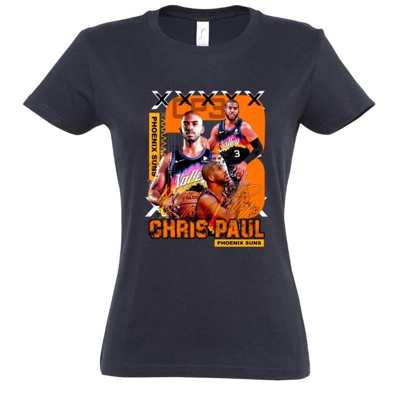 T-shirt basketball NBA Chris Paul Bleu Marine Femme pour basketteuse avec visuel design montage Photos du joueur des Phoenix Suns TeeShirt Basket Ball pour Femmes basketteuses Taille S M L XL 2XL 3XL existe aussi en noir