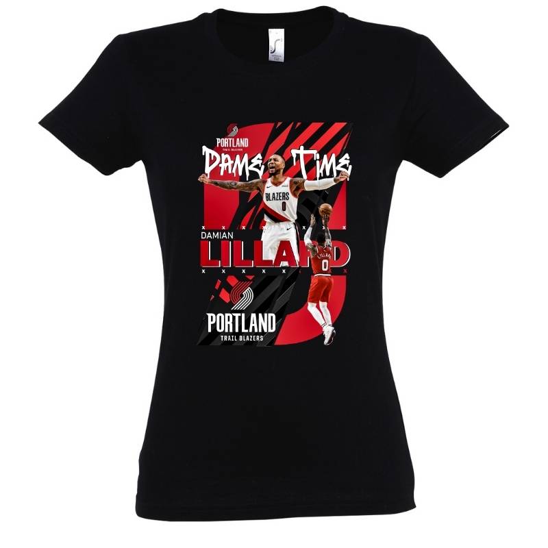 T-shirt Damian Lillard basketball NBA "Dame Time" Noir Femme pour basketteuse avec visuel design montage Photos du joueur des Trail Blazers de Portland TeeShirt Basket Ball pour Femmes basketteuses Taille S M L XL 2XL 3XL existe aussi en bleu marine