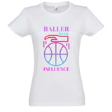 Tshirt basketball Blanc Femme pour basketteuse avec visuel design Basket Ball Baller With Influence Lifestyle TeeShirt pour Femmes basketteuses Taille S M L XL 2XL 3XL noir bleu marine
